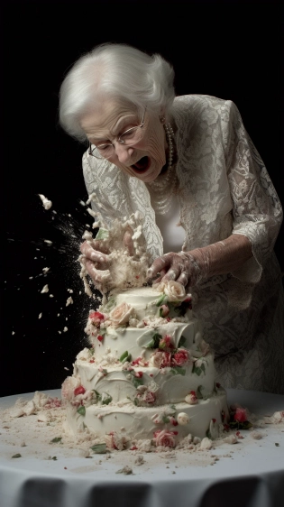 Exploding cake::15 Using a wide-angle lens, capture the dramatic moment when a grandmother with glasses in her pajamas aggressively cuts with a big knife a wedding cake::10 The lighting is white. The cake is ornamental elaborated in multiple floors::3 The grandmother's hands grip the knife tightly, and her expression is one of determination mixed with anger and fury::3 The cake explodes into crumbs and chaotic pieces::7 as if the grandmother is taking out her frustrations on the cake::3 the background shows the catering of the wedding in white and pure colors::4 candles, kitchen, fire::-10 --ar 9:16 --v 5