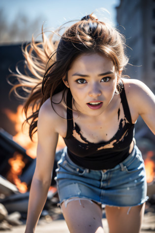 The heroine of the film GODZILLA Godzilla. Stunningly beautiful white woman in her twenties desperately fleeing from Godzilla in devastated Los Angeles, mud stained blonde hair and face, tearing up, wide open beautiful eyes, disheveled hair, dirty tank top, torn skirt, running through rubble. Crumbling buildings, burning flames, white skin, ((oiled skin)), (glossy skin), smooth skin, stunningly beautiful face, isometric detail, stunningly realistic photography, 8K high quality medium dark lighting, detail eye, detail face., Cinematic light, high detail, highres