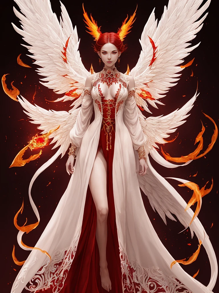 A fire white bird angel with wings in the style of artgerm gold and ...