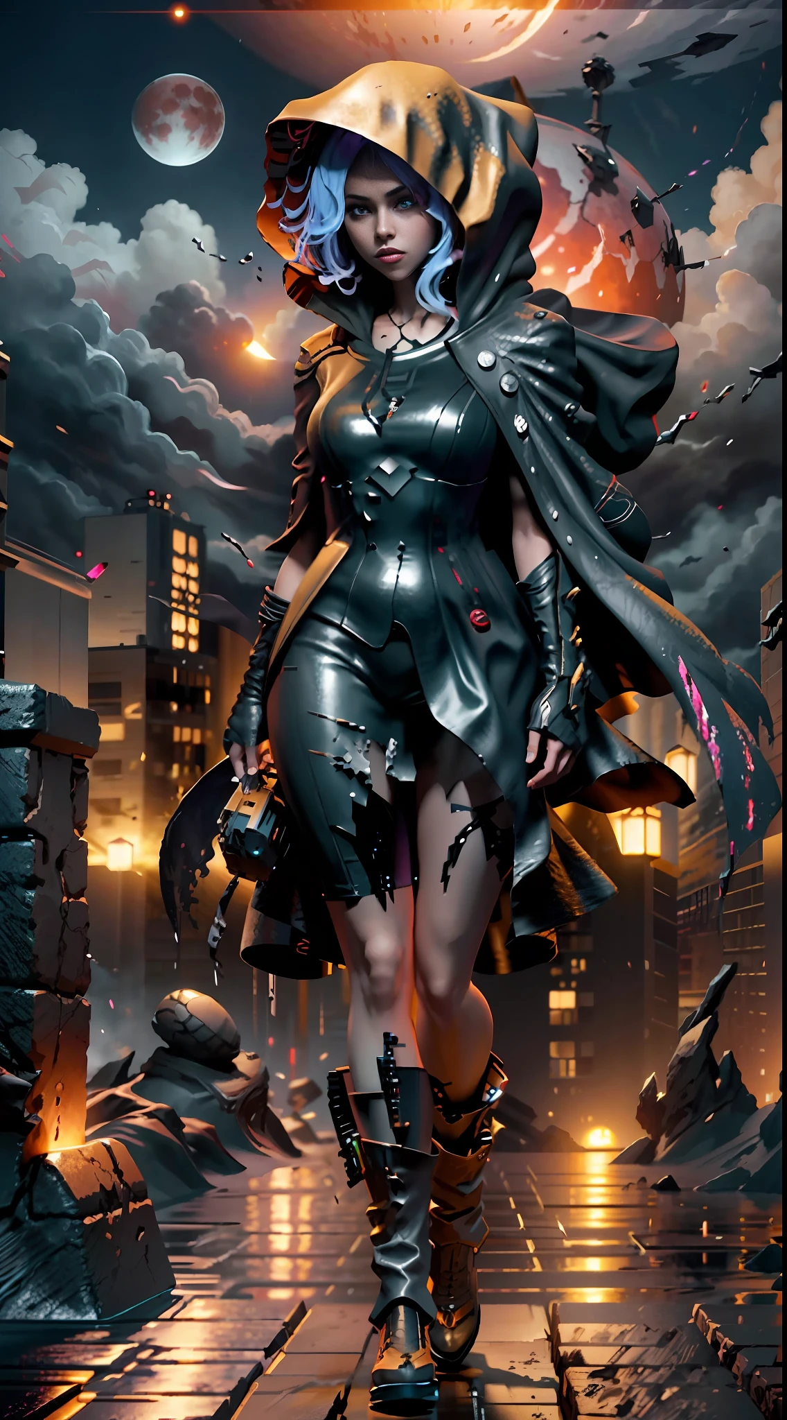 A woman with blue hair in black armor stands on an urban city in the ...