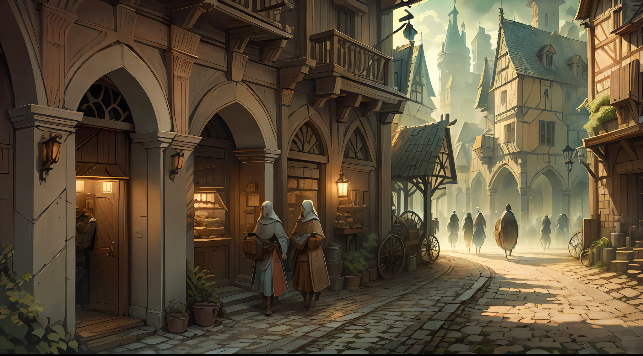 Beautiful illustration of a medieval city street medieval folk walking ...