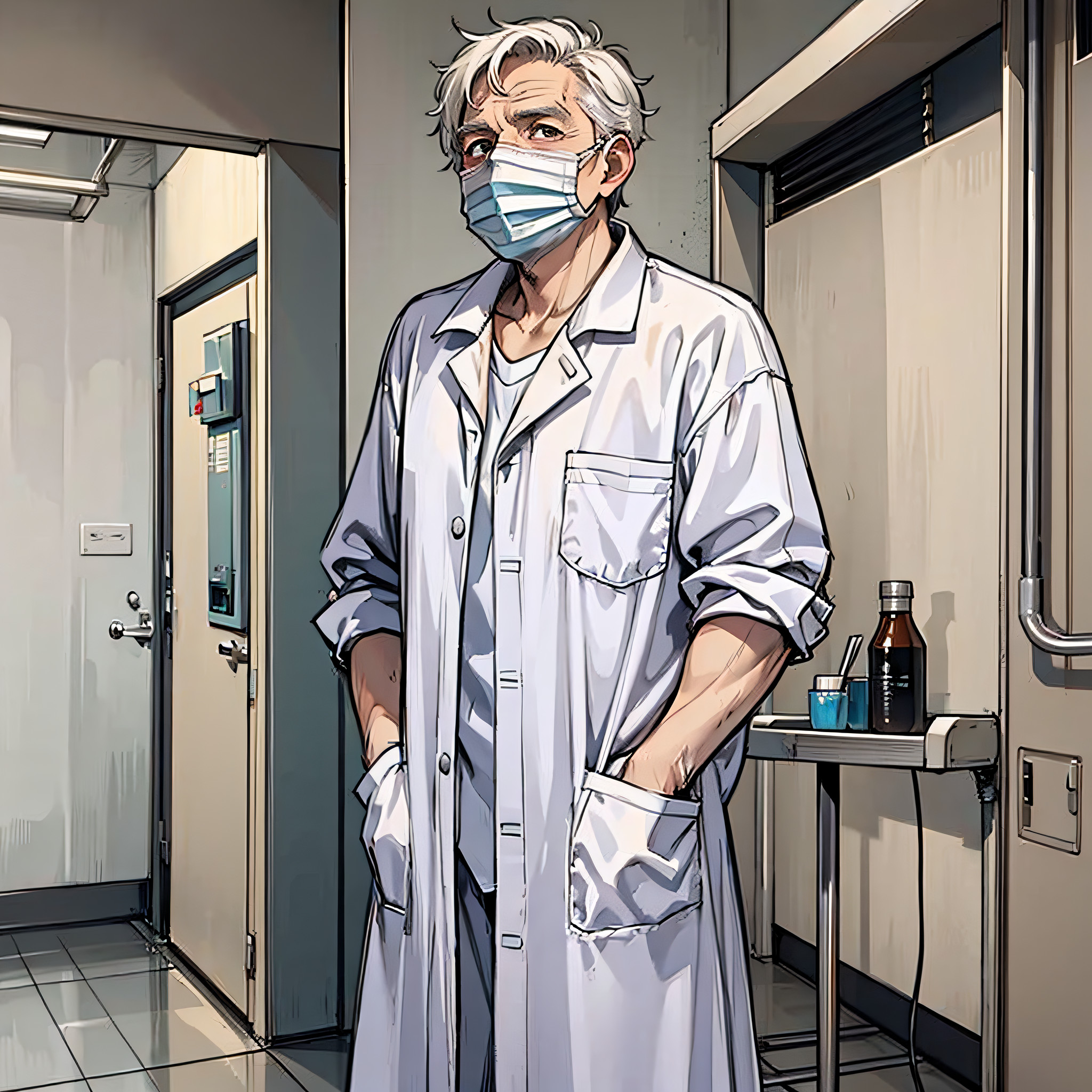 A white old man mask wrinkled in a hospital gown standing background ...