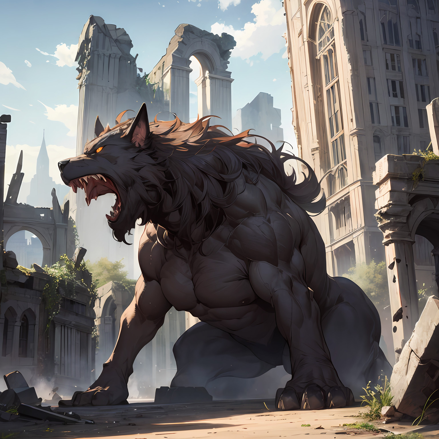 Werewolf Incity A werewolf in ruins of a city BreakDomain